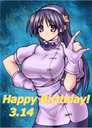 1girl asamiya_athena bike_shorts breasts curvy daradaramodel dress female_focus gloves hairband huge_breasts large_breasts long_hair looking_at_viewer pale_skin purple_eyes purple_hair skirt smile smiley_face standing star_(symbol) the_king_of_fighters thick_thighs thighs wide_hips