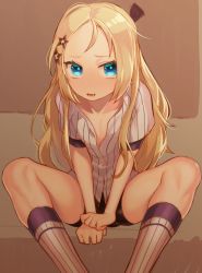 1girl azur_lane bike_shorts blonde_hair blue_eyes bogue_(azur_lane) fang female_focus hair_ornament highres kneehighs long_hair looking_at_viewer open_mouth rokkotsu sitting socks solo spread_legs striped_clothes striped_socks teeth vertical-striped_clothes vertical-striped_socks