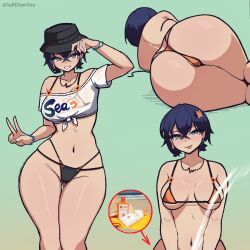 Rule 34 | 1girl, absurdres, arrow (symbol), artist name, ass, bare shoulders, belle (summer skies) (zenless zone zero), belle (zenless zone zero), bikini, black bikini, black hat, blue eyes, blue hair, bowl, bowl hat, breasts, breasts apart, clothes writing, commentary, crossed bangs, double-parted bangs, earrings, english commentary, gluteal fold, green background, hair between eyes, hair ornament, hand up, hat, highres, jewelry, large breasts, looking at viewer, lotion, meme, mole, mole under eye, multicolored bikini, multiple views, navel, necklace, official alternate costume, orange bikini, red arrow and circle (meme), red circle, rigby the cat (meme), saltdrawyou, see-through clothes, see-through shirt, sexually suggestive, shirt, short hair, short sleeves, simple background, single earring, skindentation, smile, suggestive fluid, sunscreen, swimsuit, tied shirt, tongue, tongue out, twitter username, two-tone bikini, untied bikini top, v, white shirt, wide hips, zenless zone zero