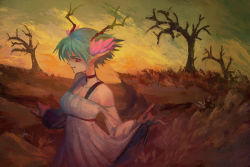 1girl antlers aqua_hair artist_request bare_shoulders breasts c_(control) choker cleavage drawfag dress female_focus highres horns looking_at_viewer looking_to_the_side medium_breasts outdoors pointy_ears q_(control) red_eyes short_hair smirk solo standing tree