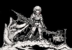 1boy armor black_background collared_shirt full_body highres limbus_company looking_at_viewer male_focus monochrome n_corp._fanatic_(identity)_(project_moon) necktie project_moon shirt short_hair simple_background sinclair_(project_moon) smile solo standing wax_seal zeremi0102