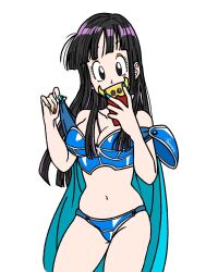 1girl armor artist_name bikini_armor black_eyes black_hair breasts cellphone chi-chi_(dragon_ball) cleavage dragon_ball dragon_ball_(classic) fenyon highres holding holding_phone large_breasts long_hair looking_at_phone navel phone phone_over_face selfie simple_background smartphone solo taking_picture white_background