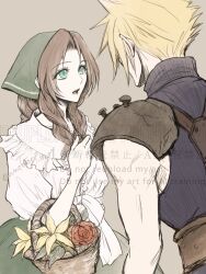 1boy 1girl aerith_gainsborough amemori_0207 armor basket belt blonde_hair blue_shirt braid braided_ponytail brown_belt brown_hair cloud_strife final_fantasy final_fantasy_tactics final_fantasy_vii flower flower_basket frilled_shirt frills green_eyes green_skirt grey_background headscarf holding holding_basket lily_(flower) long_hair looking_at_another official_alternate_costume parted_bangs parted_lips pauldrons red_flower red_rose rose shirt short_hair shoulder_armor sidelocks single_braid single_pauldron skirt sleeveless sleeveless_turtleneck spiked_hair suspenders turtleneck white_shirt yellow_flower
