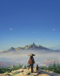 Rule 34 | 2others, atmospheric perspective, bird, blue sky, blurry, depth of field, dog, fog, from behind, full body, grass, hat, highres, horizon, lighthouse, mantle, morning, mountainous horizon, multiple others, original, sam yang, scenery, sky, standing, straw hat, surf