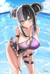 1girl arm_strap bent_over black_hair blue_sky blush breasts cleavage closed_mouth cloud commentary_request crossed_bangs day double_bun feet_out_of_frame frilled_one-piece_swimsuit frills grey_hair hair_bun hair_ornament highres holding_own_arm hololive hololive_english holonatsu_paradise horizon inokeiwd large_breasts looking_at_viewer multicolored_hair o-ring o-ring_thigh_strap ocean official_alternate_costume official_alternate_hairstyle one-piece_swimsuit outdoors purple_one-piece_swimsuit shiori_novella shiori_novella_(holonatsu_paradise) sidelocks signature sky smile solo split-color_hair standing swimsuit thigh_strap two-tone_hair virtual_youtuber water yellow_eyes