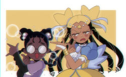 2girls \m/ aika_(kiana_mai) black_hair blonde_hair blue_dress border commentary dark-skinned_female dark_skin double_bun dress english_commentary glasses hair_bun hair_rings highres i_don&#039;t_want_to_be_a_magical_girl layered_sleeves linnery3 long_hair long_sleeves multicolored_hair multiple_girls open_mouth outside_border puffy_short_sleeves puffy_sleeves purple_shirt round_eyewear shirt short_over_long_sleeves short_sleeves star_guardian:_guardian_of_the_stars star_hair_bun tsuki_ni_kawatte_oshioki_yo two-tone_dress two-tone_hair white_border yellow_background yellow_dress zira_(kiana_mai)