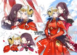 2girls alternate_hairstyle armor bare_shoulders behind_another black_boots blue_sky blush boots brown_hair cape cherry_blossoms chibi closed_mouth cloud cloudy_sky collarbone collared_cape commentary_request commission couple detached_collar dorothea_arnault dorothea_arnault_(timeskip) double_bun dress earrings edelgard_von_hresvelg edelgard_von_hresvelg_(timeskip) fake_horns falling_petals fire_emblem fire_emblem:_three_houses flag frilled_sleeves frills gloves green_eyes hair_bun hair_up headpiece height_difference high_collar highres horns incoming_kiss ize0328 jewelry leaning leaning_on_person leaning_to_the_side long_hair long_sleeves looking_at_another looking_to_the_side multiple_girls nintendo nose_blush off_shoulder official_alternate_costume parted_bangs parted_lips petals pink_lips pink_petals purple_eyes red_cape red_dress shade sky standing twitter_username wavy_hair white_background white_hair yuri
