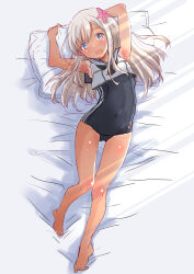 1girl barefoot black_neckerchief black_one-piece_swimsuit black_sailor_collar blonde_hair blue_eyes commentary_request crop_top dakimakura_(medium) flower fuji_(pixiv24804665) full_body hair_flower hair_ornament highres kantai_collection long_hair neckerchief one-piece_swimsuit one-piece_tan pillow ro-500_(kancolle) sailor_collar school_swimsuit shirt sleeveless sleeveless_shirt smile solo swimsuit swimsuit_under_clothes tan tanline white_shirt