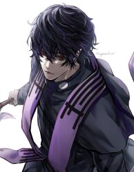 Rule 34 | 1boy, beelzebub (shuumatsu no valkyrie), bident, black hair, fingernails, goth fashion, hair over one eye, highres, hishui prpr, holding, holding polearm, holding weapon, looking at viewer, male focus, notched ear, one eye covered, pointy ears, polearm, priest, red eyes, short hair, shuumatsu no valkyrie, solo, spear, upper body, weapon