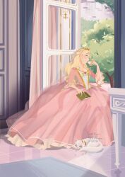 1girl barbie_(franchise) blonde_hair blue_eyes book cat character_request commentary crown cup dress drinking frilled_dress frills full_body gold_crown gown highres holding holding_book holding_cup janepicaart long_dress long_hair open_book open_window pink_dress princess sitting solo symbol-only_commentary table teacup tree wavy_hair white_cat window