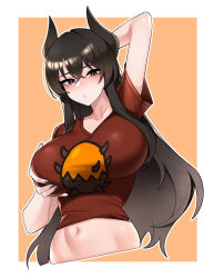 1girl :o arm_behind_head arm_up black_eyes black_hair black_horns black_nails blush border borrowed_character breasts brown_background commentary_request commission cropped_torso crossed_bangs demon_horns dogs_(dlrkdejr26) grabbing_own_breast hair_between_eyes highres horns korean_commentary large_breasts long_hair looking_at_viewer nail_polish navel original outline outside_border parted_lips pixiv_commission print_shirt red_shirt shirt short_sleeves solo very_long_fingernails very_long_hair white_border white_outline