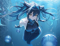1girl absurdres air_bubble aqua_hair bare_shoulders black_hair bodysuit breasts bubble cleavage closed_mouth commentary_request covered_collarbone folded_hair goddess_of_victory:_nikke hair_intakes highres large_breasts leaning_forward little_mermaid_(nikke) long_hair looking_at_viewer moda_(mo_da_3) see-through_cleavage see-through_clothes sleeveless sleeveless_bodysuit solo underwater very_long_hair water yellow_eyes