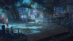 analog_clock armchair blurry book bookshelf bottle box bulletin_board candle candlelight candlestand chair chest_of_drawers clock cloud coffee_grinder curtains depth_of_field door flask flower food fruit fruit_tree hanxiaodan indoors jar ladder leaf lemon light_particles lovebrush_chronicles muntins night no_humans note official_art orange_(fruit) painting_(object) picture_frame pink_flower plant potted_plant round-bottom_flask rug scenery see-through_curtains shadow shelf stairs stepladder table tablecloth test_tube test_tube_rack tree treehouse unworn_sweater vase watermark weibo_watermark window wooden_floor