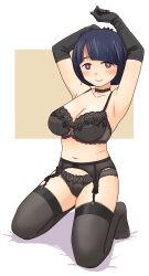 1girl armpits arms_up black_bra black_choker black_gloves black_panties black_thighhighs blue_hair bow bow_bra bra breasts choker cleavage collarbone commentary elbow_gloves full_body gloves gundam gundam_gquuuuuux kneeling lace lace-trimmed_thighhighs lace_trim large_breasts lingerie navel panties purple_eyes shiiko_sugai short_hair solo thighhighs underwear uona_telepin