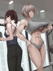 Rule 34 | 2girls, abs, absurdres, bob cut, bottle, breasts, brown hair, gym, highres, large breasts, medium breasts, multiple girls, muscular, muscular female, original, ponytail, red eyes, short hair, soolee040995, sweat, tank top, thighs, toned, underboob, yuri