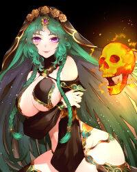 Rule 34 | 1girl, arabian clothes, braid, breasts, fate/grand order, fate (series), fire, flaming skull, floating skull, giant skull, green hair, harem outfit, hazuki-a, highres, jewelry, large breasts, long hair, looking at viewer, low twin braids, purple eyes, revealing clothes, salome (fate), skull, smile, solo, twin braids, veil