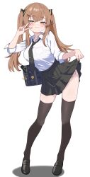 1girl 404_logo_(girls&#039;_frontline) :3 =_hair_ornament absurdres alternate_costume bag bag_charm black_bag black_bow black_necktie black_shoes black_skirt black_thighhighs blush bow breast_pocket breasts bright_pupils brown_eyes brown_hair charm_(object) clothes_lift collared_shirt commentary_request contrapposto dress_shirt duplicate fingernails full_body girls&#039;_frontline girls&#039;_frontline_2:_exilium gyaru hair_bow hair_ornament hairpin half-closed_eyes hand_up highres kogal korean_commentary large_breasts legs lenna_(girls&#039;_frontline_2) lifting_own_clothes long_hair long_sidelocks looking_at_viewer miniskirt multiple_hairpins nail_polish necktie oldsickkim partially_unzipped pleated_skirt pocket satchel school_bag school_uniform seductive_smile shadow shirt shirt_tucked_in shoes side-tie_peek sidelocks simple_background skindentation skirt skirt_lift smile solo standing suppressor taut_clothes taut_shirt tented_shirt thighhighs thighs three-quarter_sleeves tie_clip twintails ump9_(girls&#039;_frontline) v white_background white_pupils white_shirt wing_collar yellow_nails zipper zipper_pull_tab