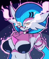 1girl alternate_color black_bra blue_hair bob_cut bra breasts choker dr._voir_(nanosheep) female_focus galactabee gardevoir gen_3_pokemon glasses hair_ornament hairclip highres lab_coat mega_stone mole mole_under_eye navel nintendo pixel_art pokemon pokemon_(creature) red-framed_eyewear red_eyes semi-rimless_eyewear smile solo underwear