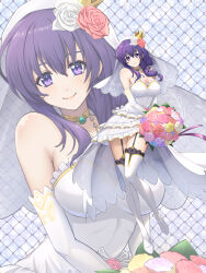 1girl boots bouquet bow breasts bridal_veil chiga_akira cleavage crown dress eiyuu_densetsu elbow_gloves flower garter_straps gloves gold_choker hair_between_eyes hair_flower hair_ornament hajimari_no_kiseki highres holding holding_bouquet jewelry large_breasts long_hair looking_at_viewer official_alternate_costume pink_flower pink_rose purple_eyes purple_hair rixia_mao rose short_dress smile solo strapless strapless_dress thigh_boots thighhighs veil wedding_dress white_boots white_bow white_dress white_flower white_gloves white_rose zoom_layer