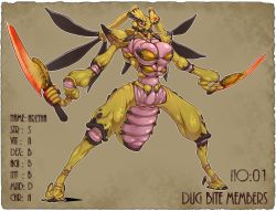1girl antennae aretha arthropod_girl breasts bug colored_skin dokumushi dual_wielding extra_breasts female_focus furry furry_female green_eyes heart holding open_mouth solo standing stats sword tattoo veins veiny_breasts weapon yellow_skin