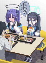 1boy 2girls :o absurdres aqua_halo aris_(blue_archive) black_hair black_halo black_jacket black_socks blue_archive blue_eyes blue_necktie bright_pupils burger collared_shirt commentary_request couch cup drinking_straw eating food french_fries grey_pants hair_between_eyes hair_intakes hair_ornament halo highres holding holding_burger holding_food jacket korean_commentary littlefunny logo_parody long_hair long_hair_between_eyes looking_at_food mcdonald&#039;s mixed-language_commentary multiple_girls necktie on_couch one_side_up open_clothes open_jacket pants parted_bangs purple_eyes purple_hair rectangular_halo ringed_eyes sensei_(blue_archive) shirt short_hair sidelocks sitting socks soup speech_bubble table talking translation_request tray two-sided_fabric two-sided_jacket two_side_up utensil_in_mouth very_long_hair white_footwear white_jacket white_pupils white_shirt wooden_floor yuuka_(blue_archive)