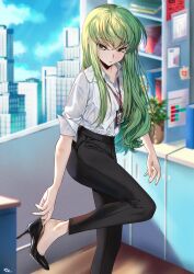 1girl absurdres black_footwear black_pants blue_sky bra bra_visible_through_clothes budgiepon c.c. code_geass collared_shirt day dress_pants green_hair high-waist_pants high_heels highres indoors lanyard long_hair office_lady pants shirt sky solo underwear white_shirt yellow_eyes