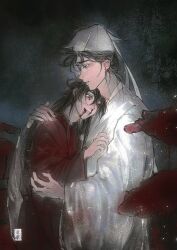 Rule 34 | 2boys, absurdres, artist logo, black hair, blood, blood from mouth, blood on clothes, blood on face, bloody tears, blue eyes, chinese clothes, chinese commentary, dao gui yi xian, faux traditional media, from side, hair bun, hair down, hand on another&#039;s shoulder, hanfu, hat, hat ribbon, height difference, highres, hug, ink wash painting, jin (headwear), li huowang, light particles, logo, long hair, long sleeves, looking at another, looking down, lotus leaf, male focus, messy hair, multiple boys, night, nosebleed, parted lips, profile, red eyes, red hanfu, ribbon, robe, single hair bun, smile, updo, white hanfu, white hat, wide sleeves, xinjinjumin9054866, yaoi, zhouzi jin (headwear), zhuge yuan