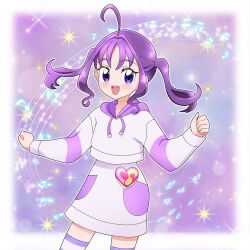 Rule 34 | 1girl, :d, absurdres, ahoge, artist name, beamed eighth notes, blush, border, brooch, clenched hands, commentary, cowboy shot, dancing, diamond-shaped pupils, diamond (shape), dot nose, drawstring, eighth note, hair intakes, hands up, heart, heart brooch, heart brooch holder, highres, hood, hood down, hoodie, idol heart brooch, jewelry, kimi to idol precure, legs apart, long sleeves, looking at viewer, medium hair, meru (mer milky77), musical note, musical note background, open mouth, outside border, precure, purple background, purple eyes, purple hair, purple hoodie, purple skirt, purple thighhighs, shigure kokoro, skirt, smile, solo, sparkle, sparkle background, standing, symbol-shaped pupils, teeth, thighhighs, twintails, twitter username, upper teeth only, white border, zettai ryouiki