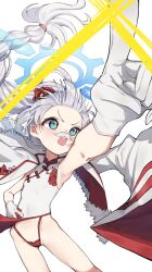 1girl absurdres armpits blue_archive blue_eyes blue_halo braid cherino_(blue_archive) cherino_(qipao)_(blue_archive) china_dress chinese_clothes dress fake_facial_hair fake_mustache floral_print floral_print_dress gloves halo hanakonenne high_braided_ponytail highres jacket jacket_on_shoulders long_hair open_mouth panties print_dress red_panties simple_background sleeveless_turtleneck_dress solo underwear white_background white_dress white_gloves white_hair