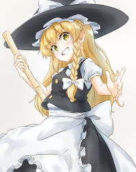 1girl apron back_bow bamboo_broom black_hat black_skirt black_vest blonde_hair bow braid broom clip_studio_paint_(medium) frilled_apron frills from_below hat hat_bow highres holding holding_broom kirisame_marisa long_hair looking_at_viewer open_mouth puffy_short_sleeves puffy_sleeves shirt short_sleeves simple_background single_braid skirt solo tarumaru teeth touhou vest waist_apron white_apron white_background white_bow white_shirt witch_hat yellow_eyes