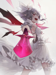 1girl absurdres alternate_costume backless_dress backless_outfit bat_wings bow commentary_request dress fangs fingernails hair_between_eyes hair_ornament highres holding holding_polearm holding_weapon jewelry long_fingernails looking_at_viewer open_mouth pink_bow pink_dress pink_nails pointy_ears polearm qiaogun_damodao red_eyes remilia_scarlet short_hair simple_background smile solo touhou weapon white_background wings wrist_cuffs
