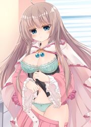 1girl absurdres ahoge aqua_bra aqua_eyes aqua_panties belt black_shirt blush bra breasts breasts_out brown_hair cape cleavage closed_mouth colored_eyelashes commentary cowboy_shot detached_sleeves embarrassed eyelashes floating_hair frilled_skirt frilled_sleeves frills frown gluteal_fold hair_down hands_up highres indoors jitome lace lace-trimmed_bra lace-trimmed_panties lace_trim large_breasts long_hair long_sleeves looking_at_viewer magical_girl miniskirt misu_t_(ccc) navel official_alternate_costume open_clothes open_shirt panties partially_unbuttoned pink_skirt pink_sleeves pleated_skirt pleated_sleeves raised_eyebrows sanoba_witch shiiba_tsumugi shirt sidelocks skirt solo straight_hair thigh_gap unbuttoning underwear undone_skirt undressing very_long_hair white_belt white_cape wide_sleeves