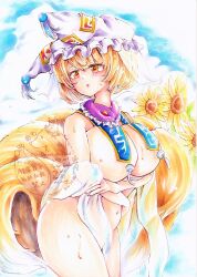 1girl animal_ears animal_hat biyorina_na_kitsune blonde_hair blush breast_curtains breasts chinese_text english_text fox_ears fox_tail hat highres large_breasts multiple_tails open_mouth plump short_hair solo tail touhou watermark yakumo_ran yellow_eyes