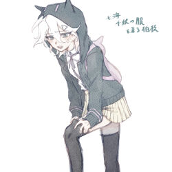 1boy :d anger_vein animal_bag beri_ame black_jacket black_thighhighs brown_skirt cat_bag cosplay crossdressing danganronpa_(series) danganronpa_2:_goodbye_despair feet_out_of_frame grey_background hair_between_eyes hair_ornament hood hood_up hooded_jacket jacket komaeda_nagito long_sleeves male_focus messy_hair miniskirt nanami_chiaki nanami_chiaki_(cosplay) neck_ribbon open_clothes open_jacket open_mouth pink_bag pink_ribbon pleated_skirt ribbon shirt simple_background skirt smile teeth thighhighs translation_request trap triangle_hair_ornament two-tone_shirt upper_teeth_only white_shirt