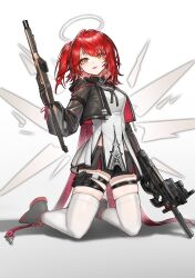 1girl absurdres arknights black_gloves black_shorts chinese_commentary commentary commentary_request earrings english_commentary exusiai_(arknights) exusiai_the_new_covenant_(arknights) glint gloves gun halo highres holding_funnel jewelry kneeling looking_at_viewer medium_hair mixed-language_commentary one_side_up red_hair shale short_shorts shorts skindentation smile solo submachine_gun thighhighs traditional_halo weapon white_background white_halo white_thighhighs yellow_eyes