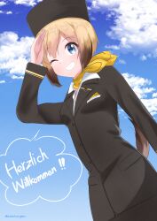 Rule 34 | 1girl, absurdres, acht augen, black jacket, blonde hair, blue eyes, dog tail, erica hartmann, flight attendant, german text, highres, jacket, lufthansa, name tag, neck ribbon, one eye closed, ribbon, salute, scarf, sky, smile, strike witches, strike witches: aurora no majo, strike witches: suomus misfits squadron, tail, travel attendant, uniform, world witches series, yellow scarf