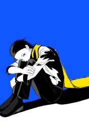 Rule 34 | 1boy, black hair, blue eyes, full body, hair slicked back, highres, hugging own legs, long sleeves, male focus, mochizuki ryouji, mole, mole under eye, otoko haza, pants, persona, persona 3, scarf, shirt, shoes, short hair, short sideburns, sitting, sleeve cuffs, solo, white shirt, yellow scarf