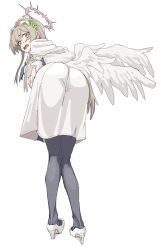 1girl :o ass black_pantyhose blue_archive blush brown_hair capelet dress feathered_wings from_behind full_body hair_flaps halo high_heels highres leaning_forward looking_at_viewer looking_back momomatang nagisa_(blue_archive) nervous_sweating pantyhose shoes simple_background solo sweat white_background white_capelet white_dress white_shoes white_wings wings
