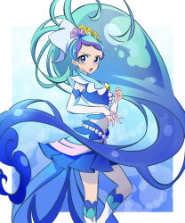 1girl absurdres aqua_hair blue_eyes blue_hair blue_shirt blue_skirt boots bridal_gauntlets brooch cropped_shirt cure_mermaid earrings elbow_gloves from_side frown gloves go!_princess_precure gradient_hair hair_ribbon highres jewelry kaidou_minami kengo_kumaxile long_hair looking_at_viewer magical_girl midriff miniskirt multicolored_hair open_mouth pleated_skirt precure purple_hair ribbon shirt showgirl_skirt skirt sleeveless sleeveless_shirt solo standing streaked_hair swept_bangs tiara two-tone_hair very_long_hair white_boots white_gloves white_ribbon