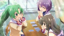 Rule 34 | 3girls, artist request, blush, brown eyes, brown hair, brown jacket, card, chair, clannad, closed eyes, crossover, curtains, desk, fujibayashi kyou, game cg, green eyes, green hair, hands on own face, highres, higurashi no naku koro ni, higurashi no naku koro ni mei, hikarizaka private high school uniform, ibuki fuuko, jacket, long hair, long sleeves, multiple girls, non-web source, official art, open mouth, playing card, ponytail, purple hair, school uniform, short hair, sitting, smile, sonozaki mion, sparkle, window