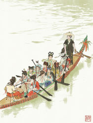 1boy 6+girls boat chair character_request highres holding holding_oar jiangnan_baijingtu multiple_girls neo1900 oar on_chair reflection reflective_water water watercraft white_background
