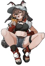 1girl animal animal_ear_fluff animal_ears arknights belt breasts brown_hair caper_(arknights) caper_(summer_flowers)_(arknights) crop_top drink drinking_straw feet fingerless_gloves fingernails full_body glasses glint gloves highres holding holding_drink looking_at_viewer midriff naughty_face navel official_alternate_costume orange_eyes profile red_gloves short_hair shorts simple_background small_breasts smile solo tart_egg97970 toenails toes tongue tongue_out visor_cap white_background
