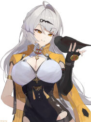 1girl absurdres angnomsy bird black_bird black_shorts breasts cleavage commentary fingerless_gloves gloves high-waist_shorts highres jacket large_breasts long_hair looking_at_animal mole mole_on_breast parted_lips shorts simple_background smile solo white_background white_hair yellow_eyes yellow_jacket yi_xuan_(zenless_zone_zero) yin_yang_pin zenless_zone_zero