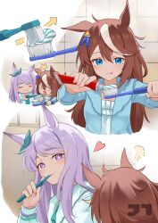 Rule 34 | 0 0, 2girls, :q, absurdres, arrow (symbol), artist logo, blue eyes, blue jacket, blue pajamas, bow, brown hair, brushing teeth, chibi, clenched hands, closed eyes, closed mouth, commentary, commentary request, d:, english commentary, facing another, fingernails, flipped bangs, frilled shirt, frills, green bow, green jacket, green pajamas, hair between eyes, hair bow, hair ribbon, hand up, hands up, heart, highres, holding, holding toothbrush, indoors, jacket, jtleeklm, light blush, logo, long hair, long sleeves, looking at another, medal, mejiro mcqueen (umamusume), mixed-language commentary, multicolored hair, multiple girls, multiple views, open clothes, open jacket, open mouth, pajamas, parted bangs, puff of air, purple eyes, purple hair, ribbon, shirt, side-by-side, smile, squeezing, streaked hair, surprised, thick eyebrows, tile wall, tiles, tokai teio (umamusume), tongue, tongue out, toothbrush, toothbrush in mouth, toothpaste, two-tone hair, umamusume, white streaks, window, yuri