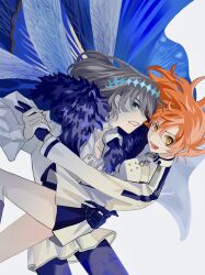 1boy 1girl absurdres blue_eyes blue_gloves bug cape chaldea_logo chaldea_security_organization chaldea_uniform clenched_hand cloak command_spell dragonfly_wings dress fate/grand_order fate_(series) fujimaru_ritsuka_(female) fujimaru_ritsuka_(female)_(decisive_battle_chaldea_uniform) fur-trimmed_cape fur-trimmed_cloak fur_trim gloves grey_hair hair_between_eyes highres hug hug_from_behind insect insect_wings jacket long_sleeves looking_at_another moth nagatsuki_(huwamo9_8ku) oberon_(fate) oberon_(third_ascension)_(fate) open_mouth orange_eyes orange_hair shirt short_hair side_ponytail simple_background skirt white_background white_dress white_jacket wings