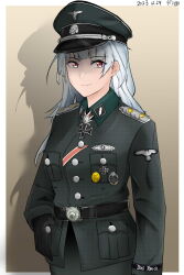 1girl absurdres ayou_(aukuamani) belt cross highres iron_cross long_hair military_uniform nazi original red_eyes shadow solo ss_insignia sunlight waffen-ss white_hair world_war_ii