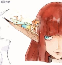 2girls blue_eyes blunt_bangs closed_mouth commentary fairy fairy_wings gallica_(metaphor:_refantazio) hulkenberg_(metaphor:_refantazio) leotard long_hair long_pointy_ears looking_at_another metaphor:_refantazio mico_(mico808) multiple_girls orange_hair pointy_ears red_hair smile symbol-only_commentary white_background wings