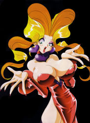 Rule 34 | 1990s (style), 1girl, black background, blonde hair, breasts, detached sleeves, dress, earrings, female focus, green eyes, hair intakes, heart, huge breasts, jewelry, kotobuki tsukasa, lipstick, long hair, makeup, nail polish, official art, open mouth, pheromone lip, retro artstyle, simple background, solo, vs knight lamune &amp; 40 fire