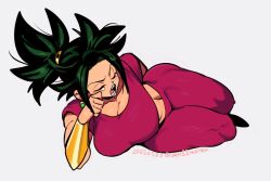 1girl breasts dragon_ball dragon_ball_super earrings fusion gold_armlet jewelry kefla_(dragon_ball) lying midriff nanika_(nnkgh) on_side pants pointy_hair ponytail potara_earrings purple_pants purple_shirt shirt sleepy yawning