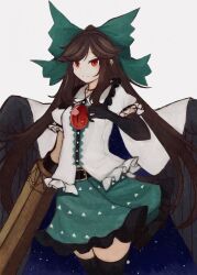 1girl absurdres arm_cannon black_gloves black_thighhighs bow closed_mouth commentary_request cosmos_0131 cowboy_shot elbow_gloves gloves green_bow green_skirt grey_background hair_bow hair_flaps highres looking_at_viewer red_eyes reiuji_utsuho shirt short_sleeves simple_background skirt solo starry_sky_print thighhighs third_eye touhou weapon white_shirt